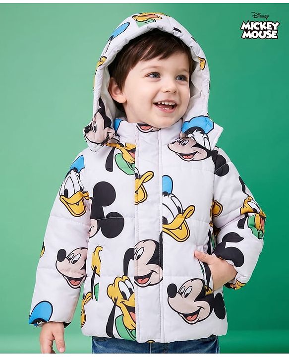 Babyhug Disney Woven Full Sleeves Padded Hooded Jacket Mickey  Mouse Print - White