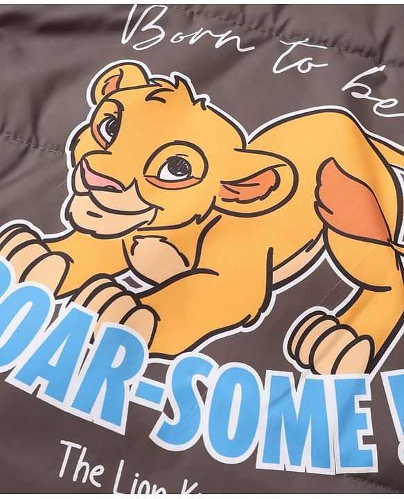 Babyhug Disney Woven Full Sleeves Hooded Padded Winter Jacket Front and Back With Simba Graphic - Light Brown