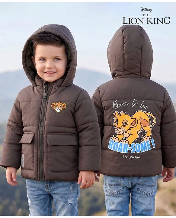 Babyhug Disney Woven Full Sleeves Hooded Padded Winter Jacket Front and Back With Simba Graphic - Light Brown