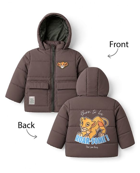 Babyhug Disney Woven Full Sleeves Hooded Padded Winter Jacket Front and Back With Simba Graphic - Light Brown