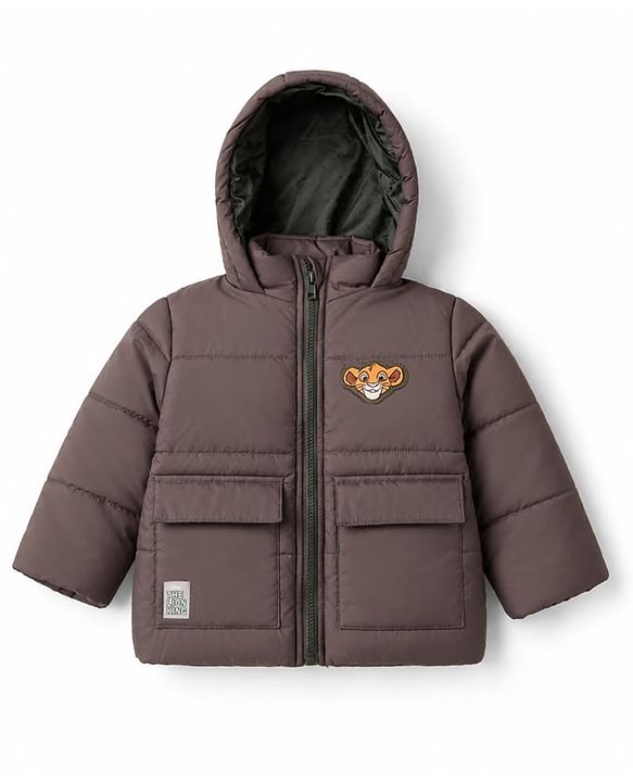 Babyhug Disney Woven Full Sleeves Hooded Padded Winter Jacket Front and Back With Simba Graphic - Light Brown
