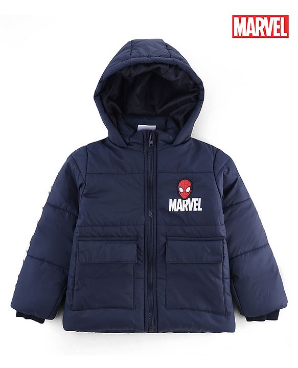Babyhug Marvel Cotton Woven Hooded Winter Jacket with Full Sleeves and Spiderman Badge Print in Navy Blue for 12-18 Months