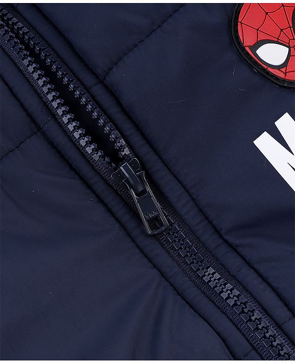 Babyhug Marvel Cotton Woven Hooded Winter Jacket with Full Sleeves and Spiderman Badge Print in Navy Blue for 12-18 Months