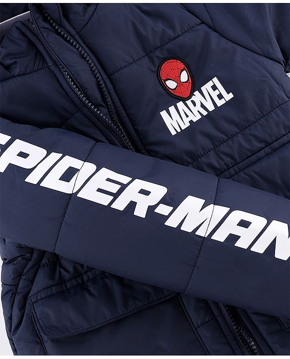 Babyhug Marvel Cotton Woven Hooded Winter Jacket with Full Sleeves and Spiderman Badge Print in Navy Blue for 12-18 Months