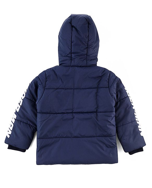 Babyhug Marvel Cotton Woven Hooded Winter Jacket with Full Sleeves and Spiderman Badge Print in Navy Blue for 12-18 Months