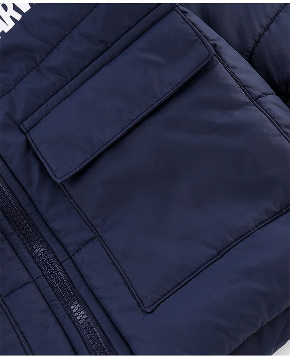 Babyhug Marvel Cotton Woven Hooded Winter Jacket with Full Sleeves and Spiderman Badge Print in Navy Blue for 12-18 Months
