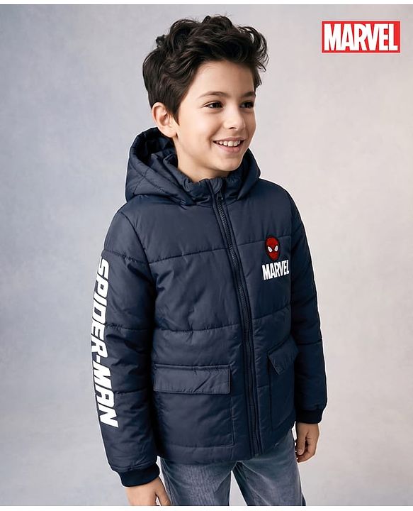 Pine Kids Marvel Woven Full Sleeves Padded Hooded Winter Jacket with Spiderman Badge - Navy Blue