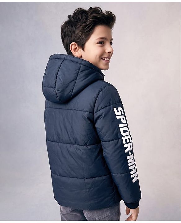 Pine Kids Marvel Woven Full Sleeves Padded Hooded Winter Jacket with Spiderman Badge - Navy Blue