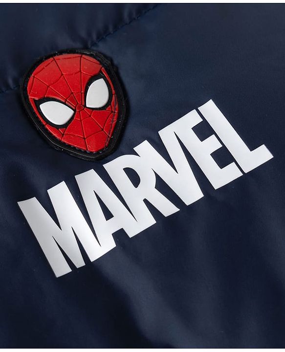 Pine Kids Marvel Woven Full Sleeves Padded Hooded Winter Jacket with Spiderman Badge - Navy Blue