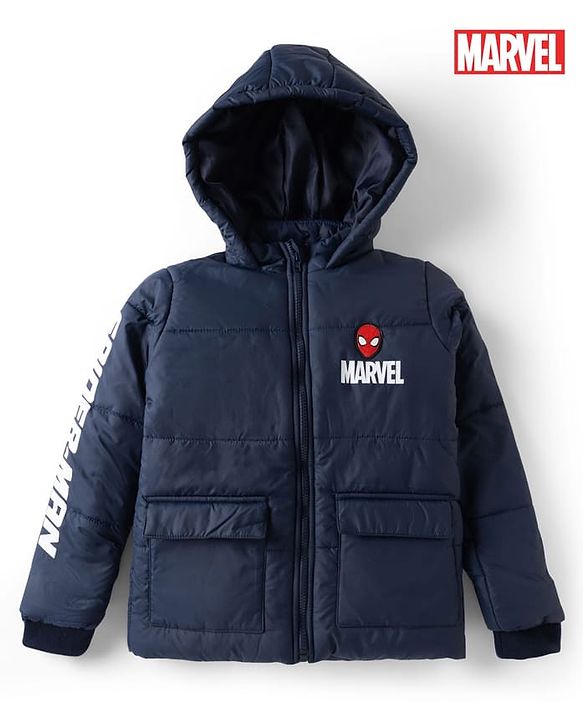 Pine Kids Marvel Woven Full Sleeves Padded Hooded Winter Jacket with Spiderman Badge - Navy Blue