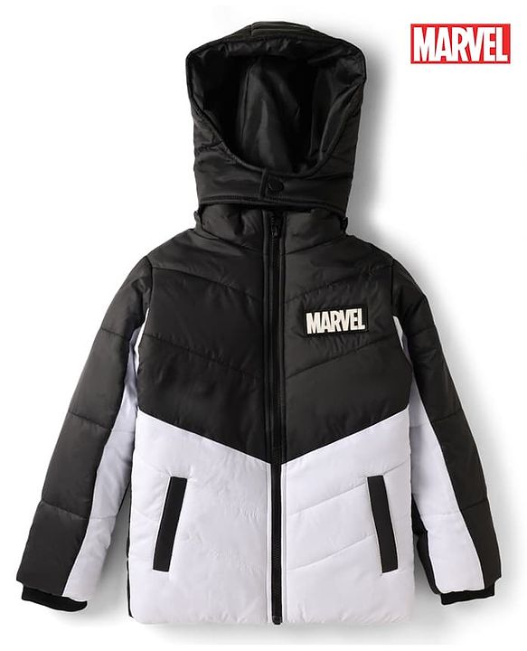 Pine Kids Lucas Woven Hooded Padded Jacket with Full Sleeves and Marvel Badge - White