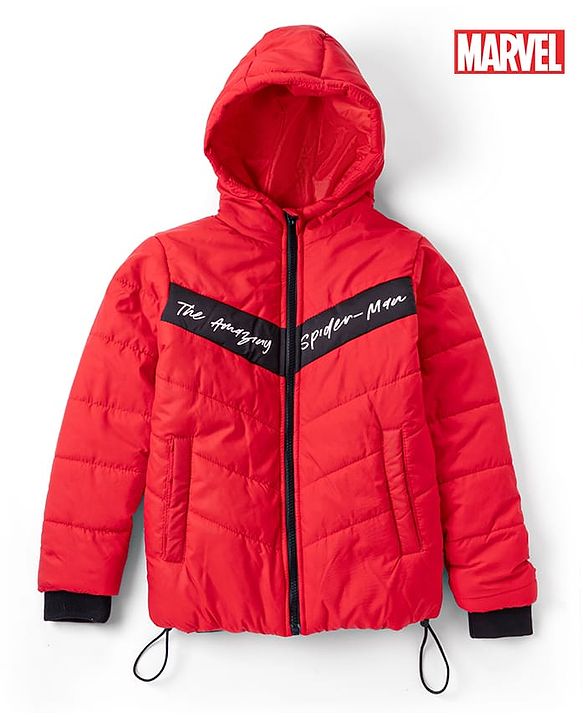 Pine Kids Marvel Woven Hooded Padded Winter Jacket with Full Sleeves and Text Print - Red