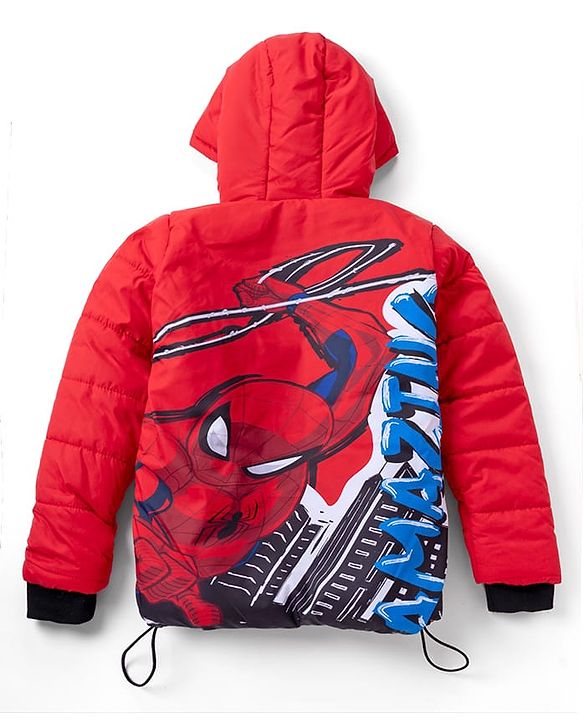 Pine Kids Marvel Woven Hooded Padded Winter Jacket with Full Sleeves and Text Print - Red