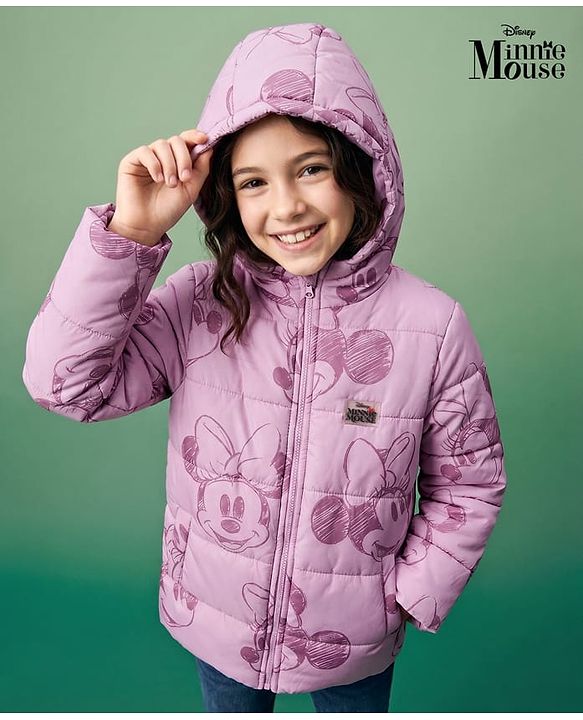 Pine Kids Disney Woven Full Sleeves Padded Hooded Winter Jacket With Minnie Mouse Graphic & Badge - Pink