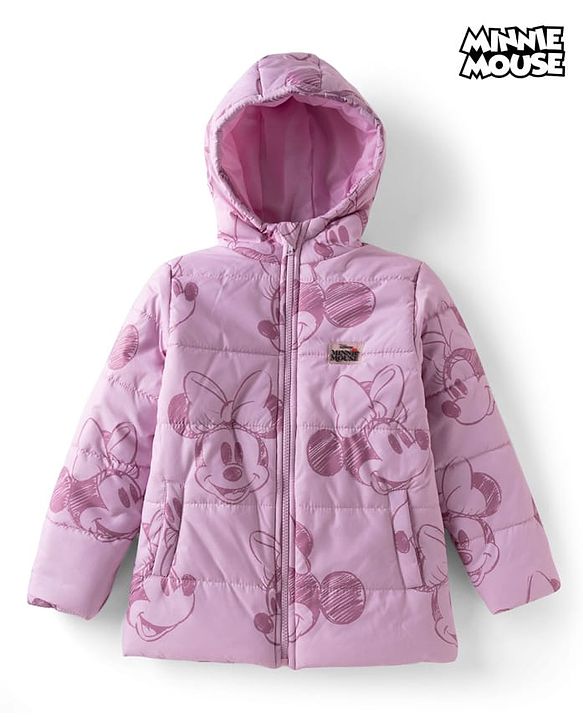 Pine Kids Disney Woven Full Sleeves Padded Hooded Winter Jacket With Minnie Mouse Graphic & Badge - Pink