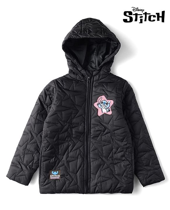 Pine Kids Disney Woven Full Sleeves Padded/Quilted/ Winter Jacket with Stitch Patch & Star Print - Black