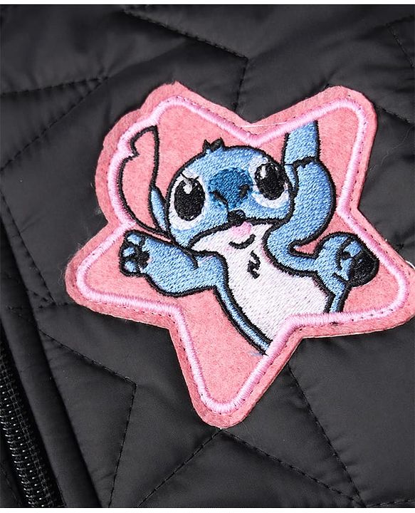 Pine Kids Disney Woven Full Sleeves Padded/Quilted/ Winter Jacket with Stitch Patch & Star Print - Black