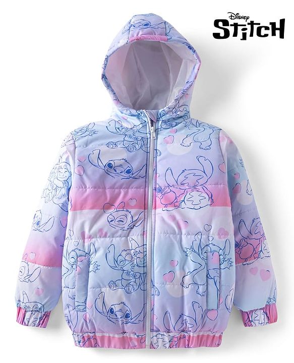 Pine Kids Disney Woven Full Sleeves Padded Hooded Jacket With Stitch Print - Purple & Pink