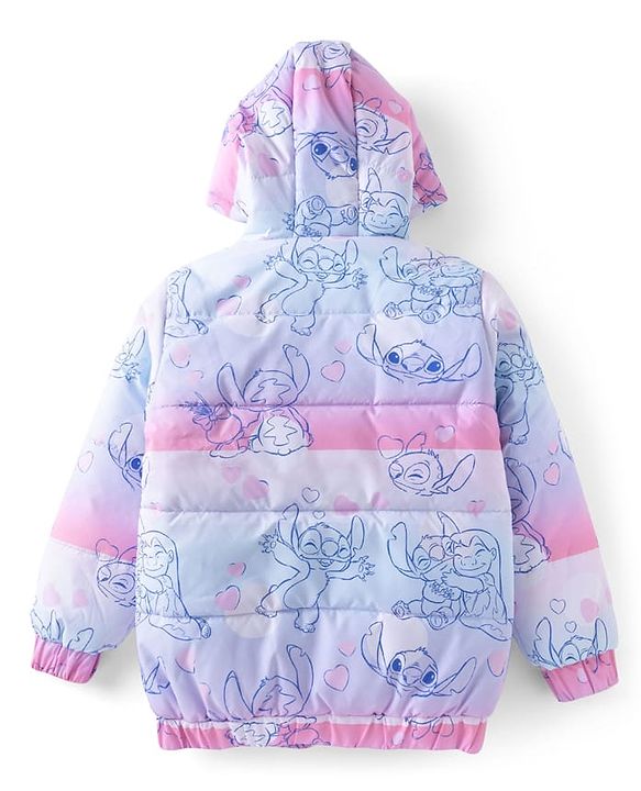 Pine Kids Disney Woven Full Sleeves Padded Hooded Jacket With Stitch Print - Purple & Pink