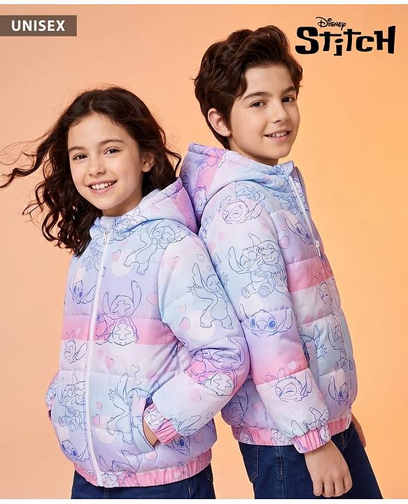Pine Kids Disney Woven Full Sleeves Padded Hooded Jacket With Stitch Print - Purple & Pink