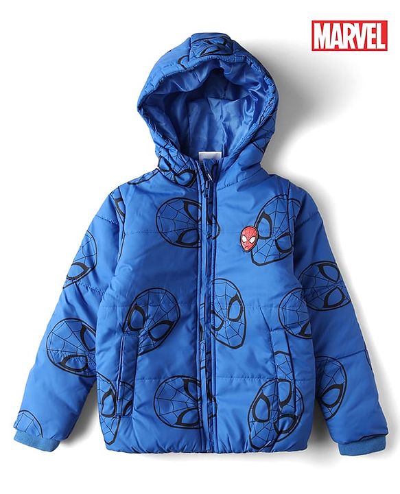 Pine Kids Marvel Woven Winter Jacket with Full Sleeves and Spiderman Print in Blue for 4-5 Years