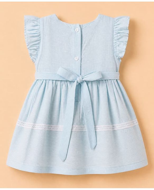 Babyhug Cotton Woven Fit and Flare Dress with Flutter Sleeves and Bow Applique in Light Blue