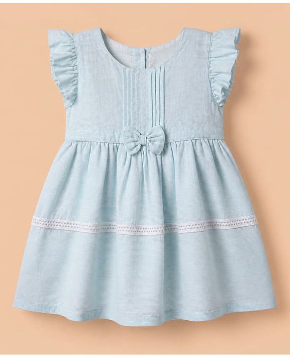 Babyhug Cotton Woven Fit and Flare Dress with Flutter Sleeves and Bow Applique in Light Blue