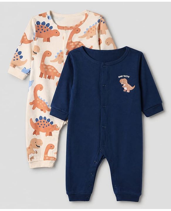 Babyhug 100% Cotton Interlock Knit Full Sleeves Rompers With Dino Print Pack of 2 - Navy Blue White
