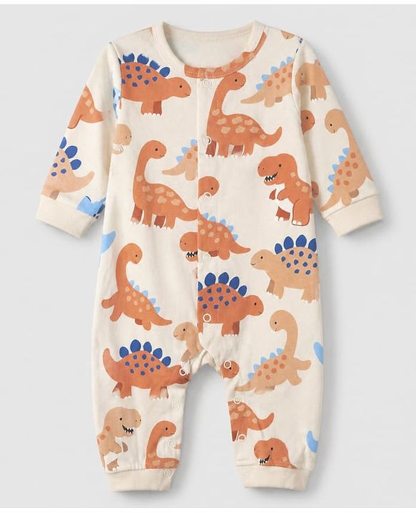 Babyhug 100% Cotton Interlock Knit Full Sleeves Rompers With Dino Print Pack of 2 - Navy Blue White