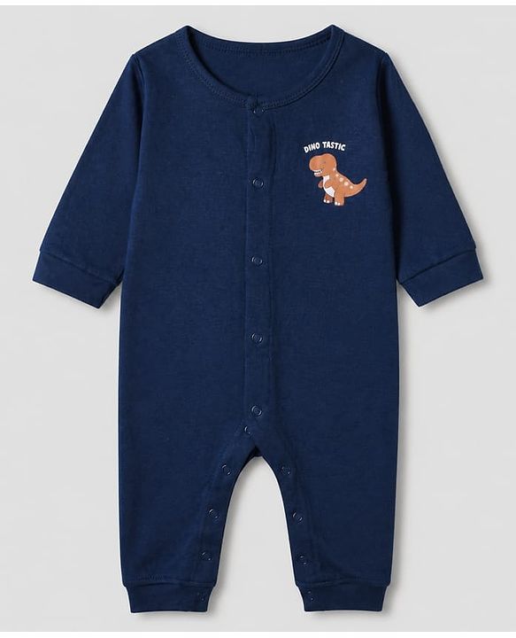 Babyhug 100% Cotton Interlock Knit Full Sleeves Rompers With Dino Print Pack of 2 - Navy Blue White