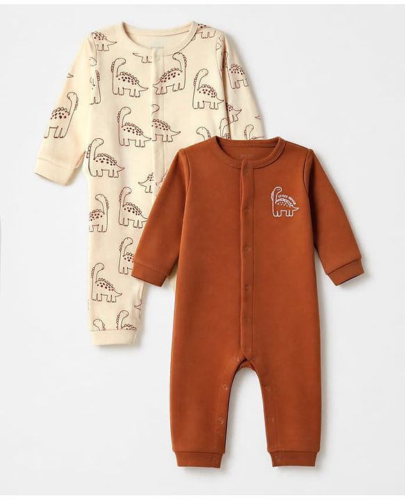 Babyhug 100% Cotton Interlock Knit Full Sleeves Rompers With Dino Print Pack of 2 - Brown & Beige