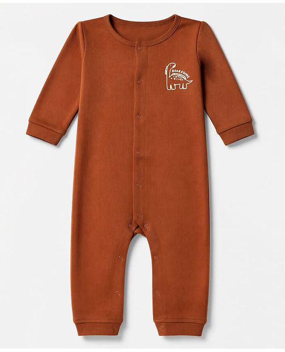 Babyhug 100% Cotton Interlock Knit Full Sleeves Rompers With Dino Print Pack of 2 - Brown & Beige