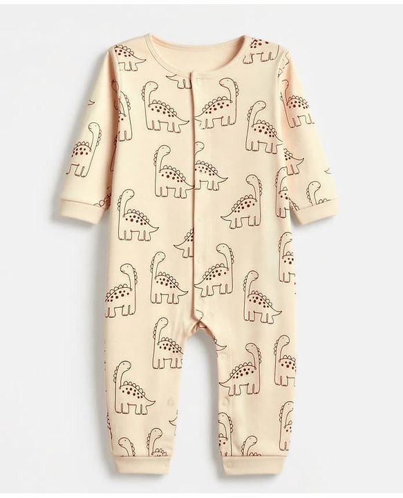 Babyhug 100% Cotton Interlock Knit Full Sleeves Rompers With Dino Print Pack of 2 - Brown & Beige