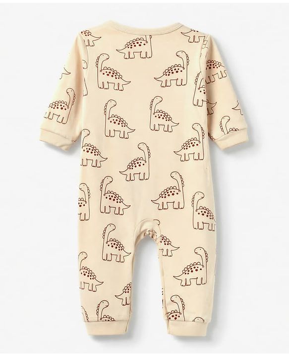 Babyhug 100% Cotton Interlock Knit Full Sleeves Rompers With Dino Print Pack of 2 - Brown & Beige