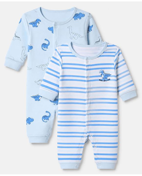 Babyhug 100% Cotton Interlock Knit Full Sleeves Rompers With Dino Print Pack of 2 - Sky Blue