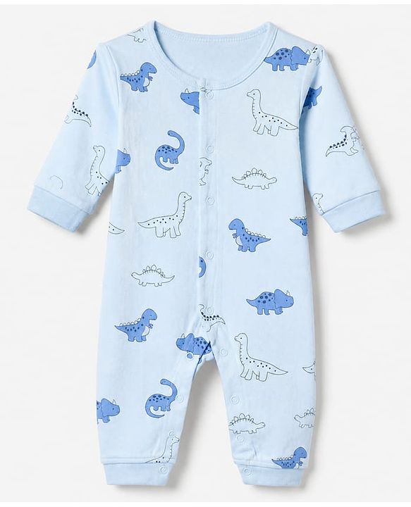 Babyhug 100% Cotton Interlock Knit Full Sleeves Rompers With Dino Print Pack of 2 - Sky Blue