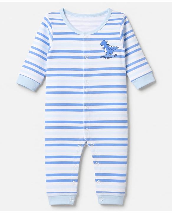 Babyhug 100% Cotton Interlock Knit Full Sleeves Rompers With Dino Print Pack of 2 - Sky Blue