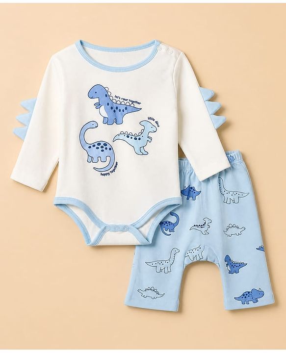 Babyhug 100% Cotton Knit Full Sleeves Onesies With Leggings With Dino Print - White