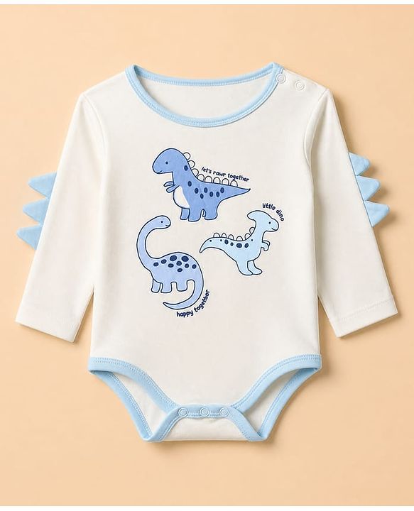 Babyhug 100% Cotton Knit Full Sleeves Onesies With Leggings With Dino Print - White