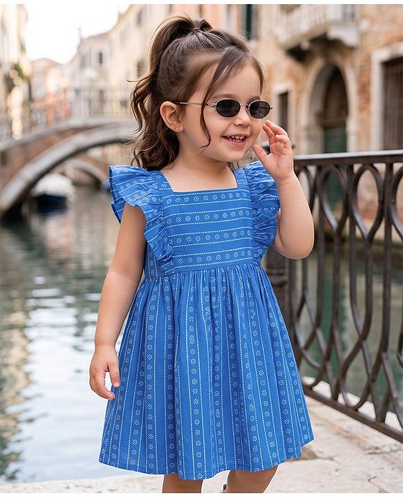 Babyhug Cotton Woven Frock With Half Sleeves and Floral Print in Blue
