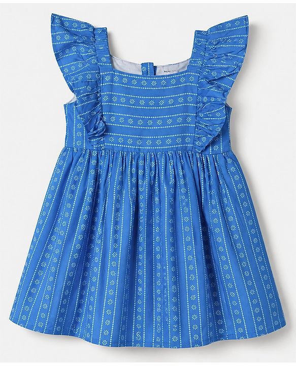 Babyhug Cotton Woven Frock With Half Sleeves and Floral Print in Blue
