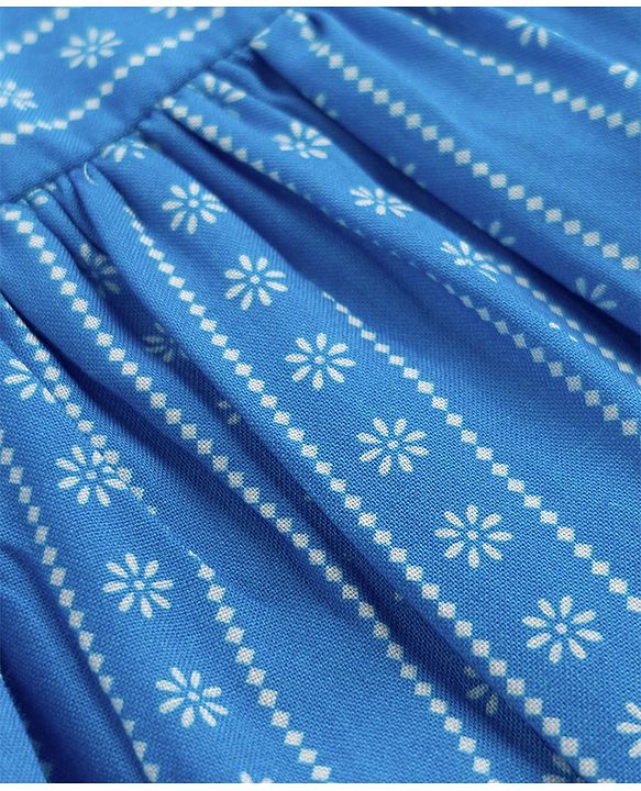 Babyhug Cotton Woven Frock With Half Sleeves and Floral Print in Blue