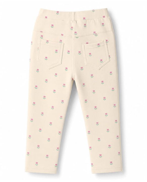 Babyhug Cotton Elastane Lycra Knit Full Length Jeggings With Floral Print & Pockets - Cream
