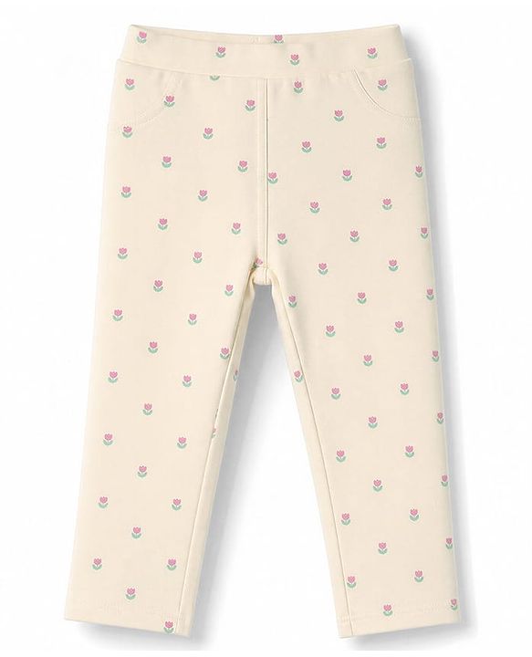 Babyhug Cotton Elastane Lycra Knit Full Length Jeggings With Floral Print & Pockets - Cream