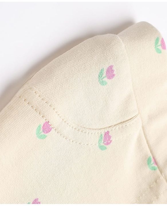 Babyhug Cotton Elastane Lycra Knit Full Length Jeggings With Floral Print & Pockets - Cream