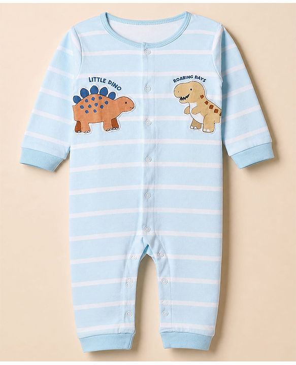 Babyhug 100% Cotton Interlock Knit Full Sleeves Romper with Dinosaur Applique and Stripes Print - Blue
