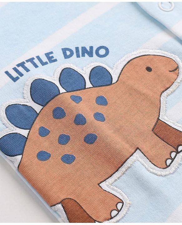 Babyhug 100% Cotton Interlock Knit Full Sleeves Romper with Dinosaur Applique and Stripes Print - Blue