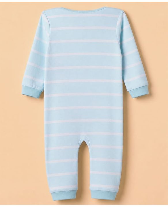 Babyhug 100% Cotton Interlock Knit Full Sleeves Romper with Dinosaur Applique and Stripes Print - Blue