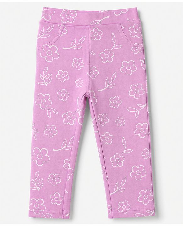 Babyhug Cotton Lycra Knit Full Length Floral Printed Jeggings - Lavender
