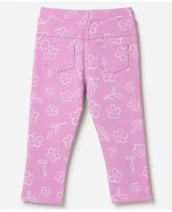 Babyhug Cotton Lycra Knit Full Length Floral Printed Jeggings - Lavender